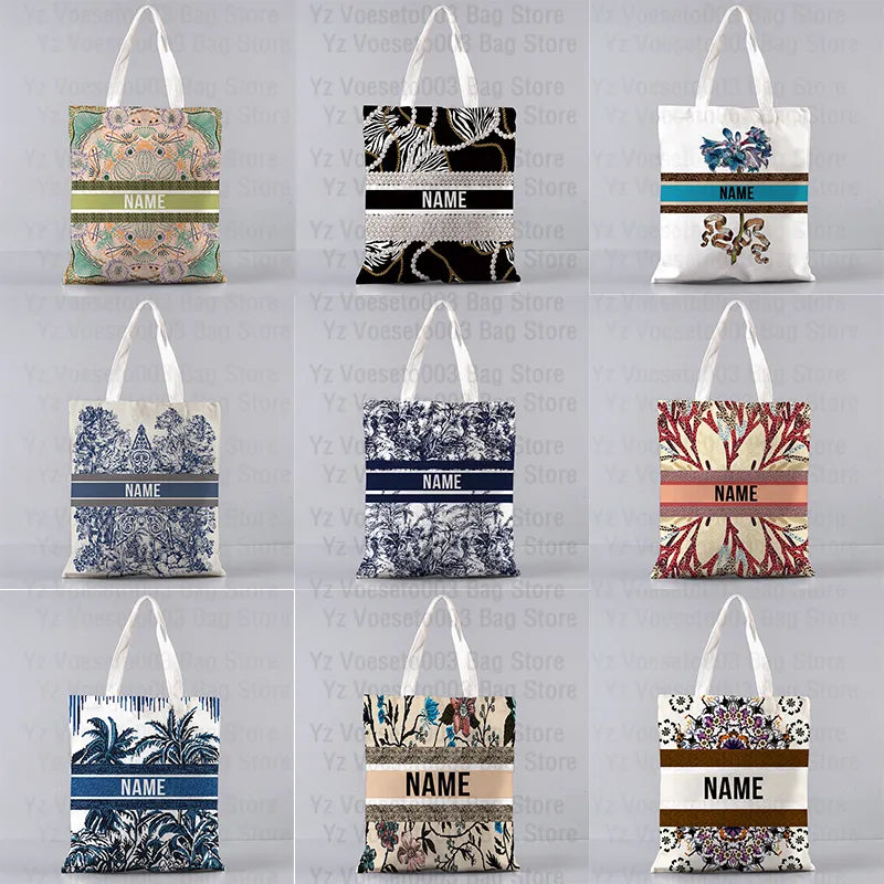 Personalized Custom Name Motto Text Bag Women's Canvas Tote Shopping Beach Travel Bags Square Big Large Book Bags Handbags