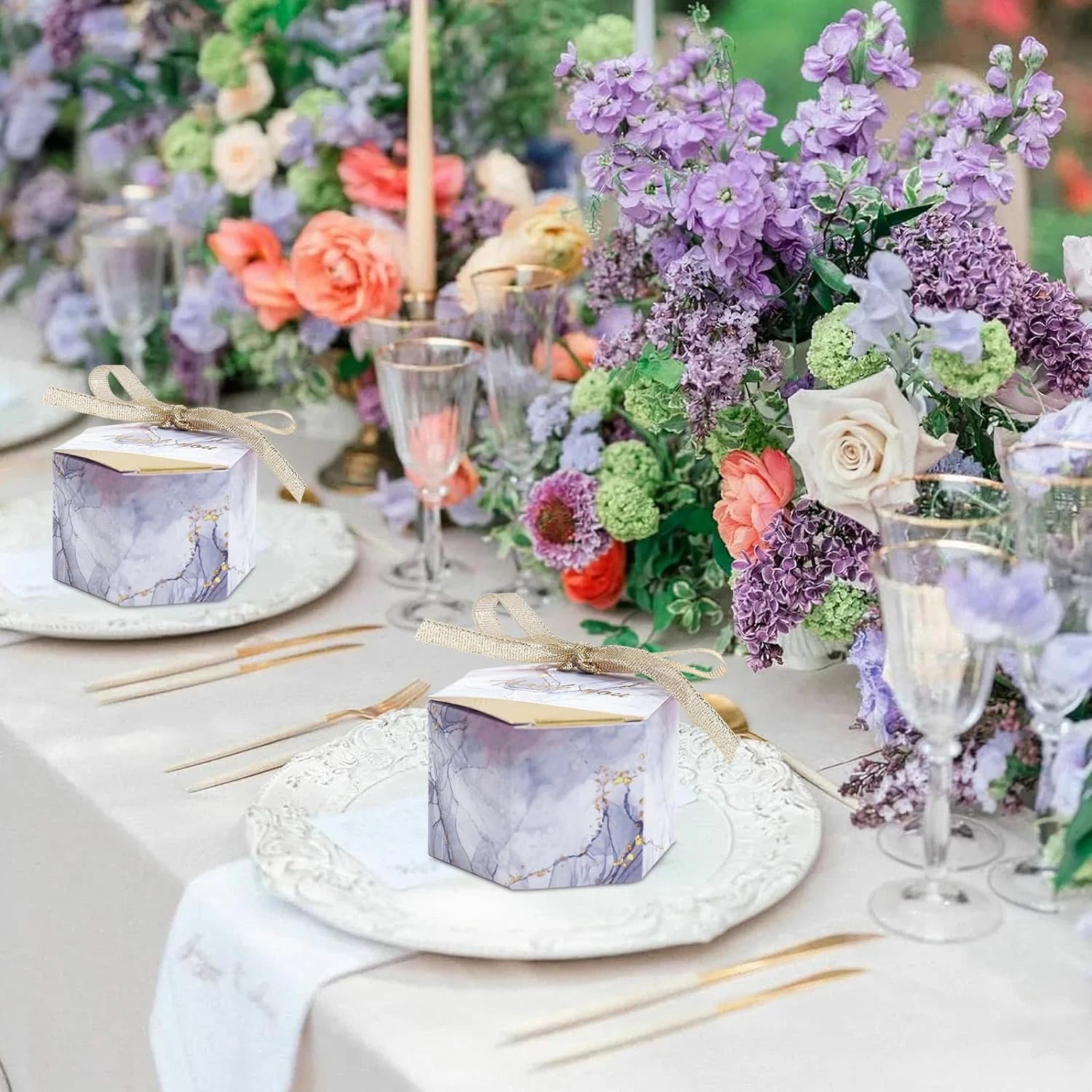 50PCS Small Party Gift oxes wedding favors Boxes , Marble Mini Thank You Boxes with glitter gold Bow ribbon