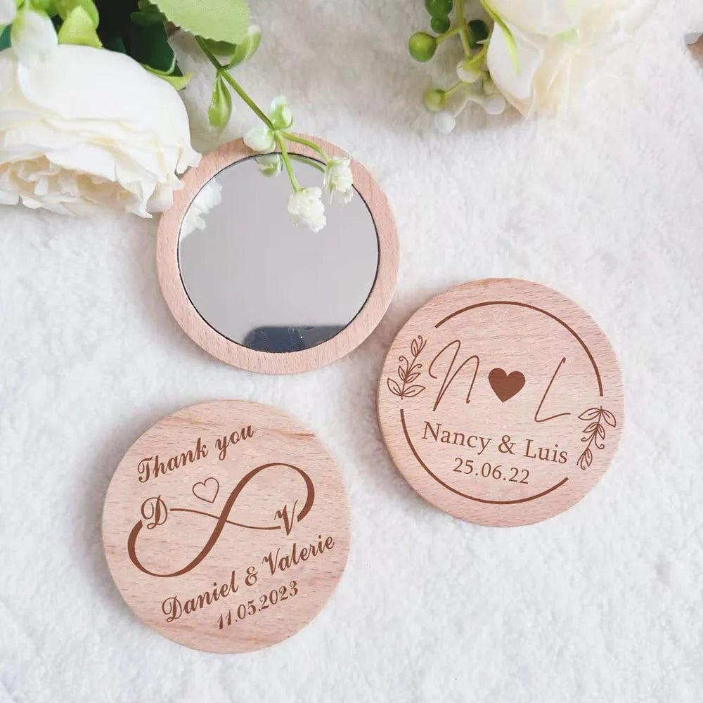 1-40pcs Personalised Wooden Mirror Engraved Portable Round Compact Pocket Mirror Bridesmaid Wedding Favors Custom Baptism Gift