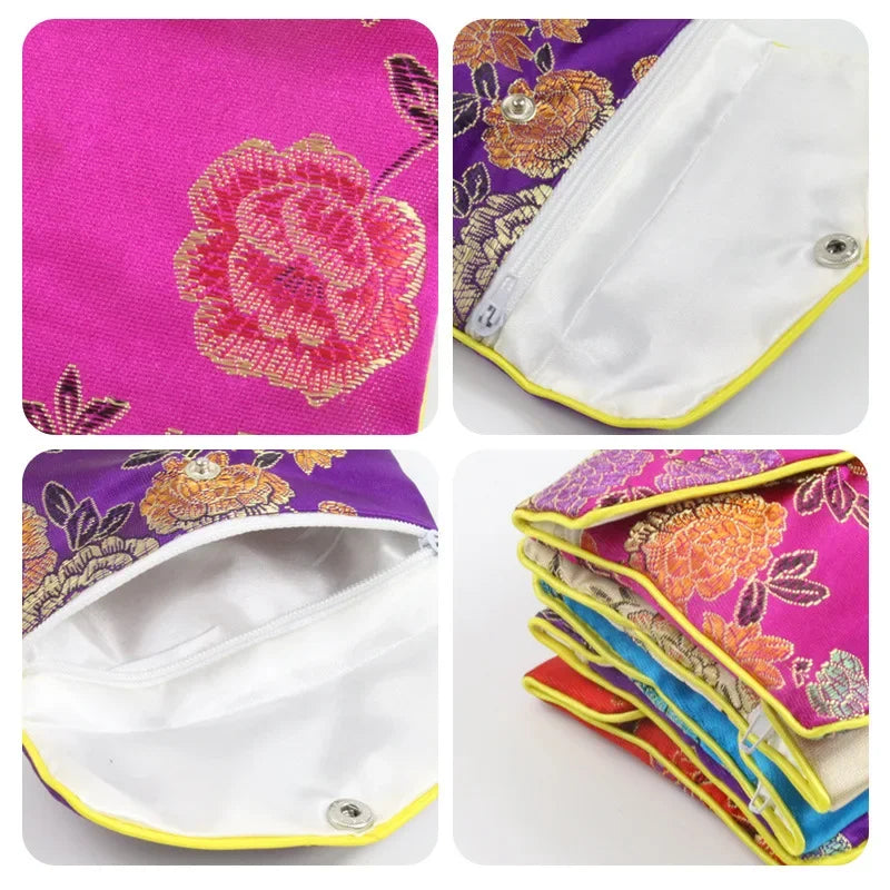 Hot High Quality Chinese Brocade Handmade Silk Embroidery Small Jewelry Gift Storage Pouch Bag Snap Case Satin Coin Purse 5pcs