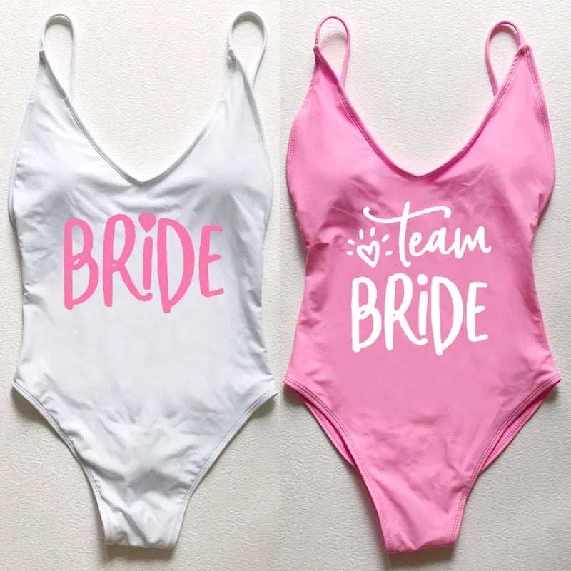 Sexy Padded Swimwear Women Team Bride Love Print One Piece Swimsuit Summer Bathing Suit Bachelor Party Beachwear backless bikini