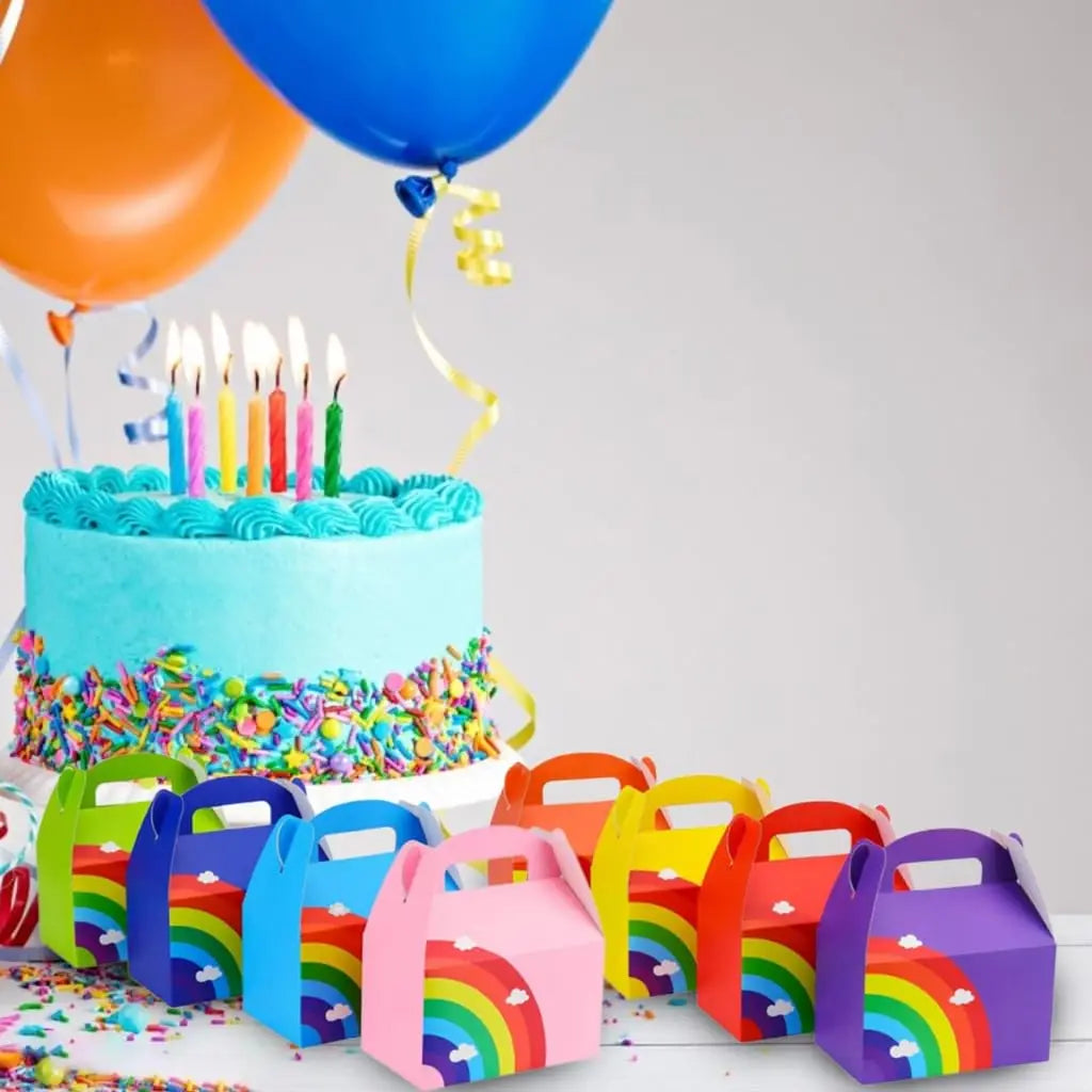 16 PCs Rainbow Party Favor Paper Box, 6*3.5*3.5 Inch, Food Safe Kraft Paper and Ink, Natural , Vivid Colored,Give Away Bags.