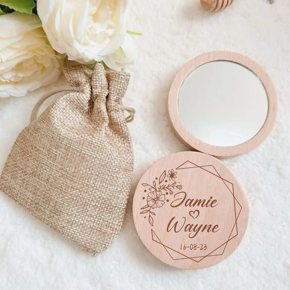 1-40pcs Personalised Wooden Mirror Engraved Portable Round Compact Pocket Mirror Bridesmaid Wedding Favors Custom Baptism Gift