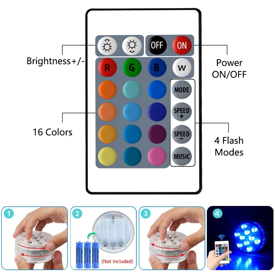 10 LEDs RGB Submersible Light Underwater Lamp Battery Operated Garden Swimming Pool Light for Wedding Party Aquarium Vase Bowl