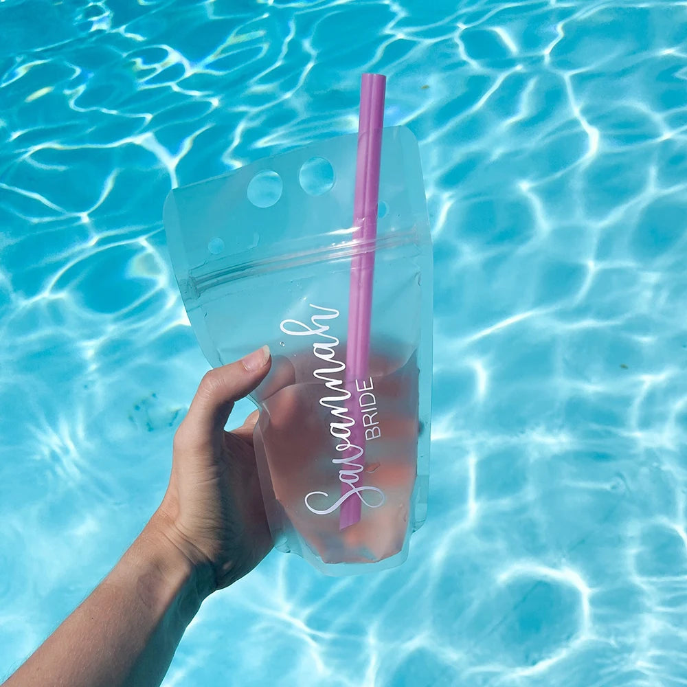 Personalized Drink Pouch Bridal Party Favors Portable Disposable Frosted Liquid Juice Self-Sealing Hot Cold Beverage Booze Bag