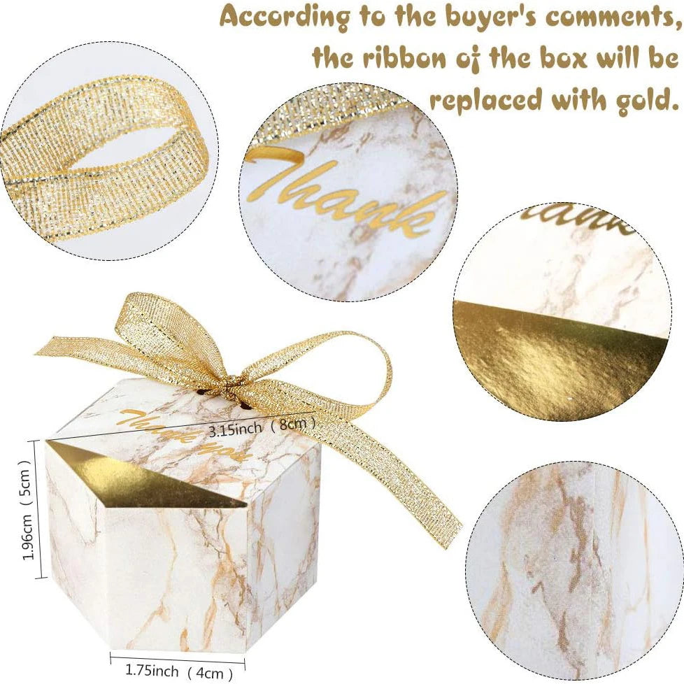 50PCS Small Party Gift oxes wedding favors Boxes , Marble Mini Thank You Boxes with glitter gold Bow ribbon