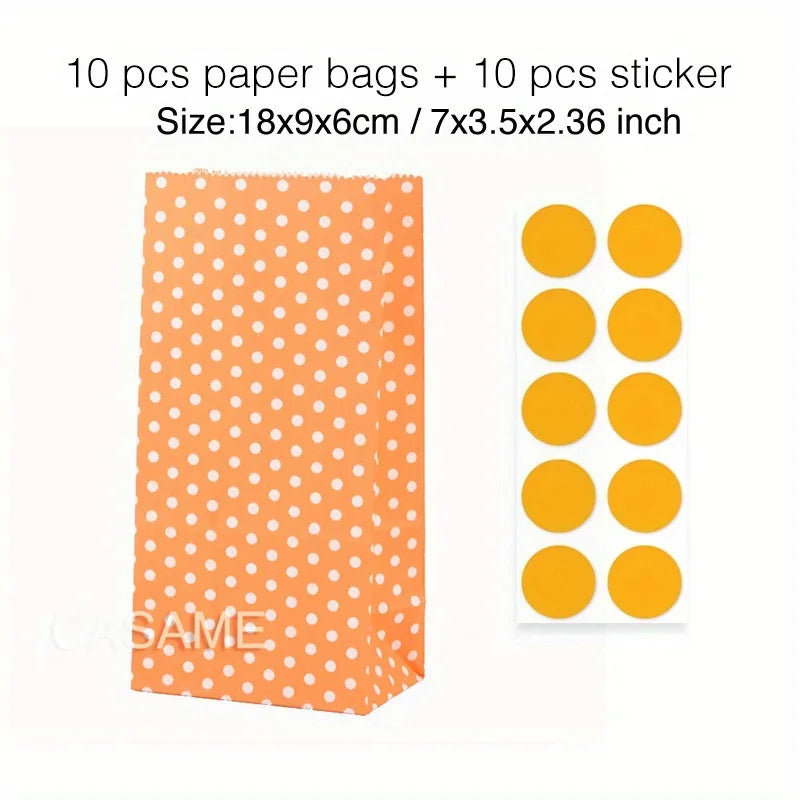 10 pcs Colorful Solid Stripe and Polka Dot Stand-Up Bags with Stickers - 18x9x6cm Favor Gift Packing Treat Bags for Wedding