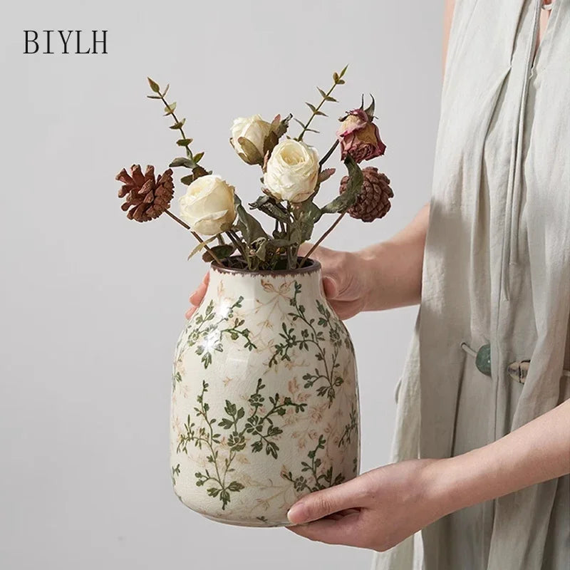 New Ceramic Vase Pastoral Style Green Flowers Ice Cracked Ceramic Vase Home Decoration Living Room Porch Hydroponic Plant Vase