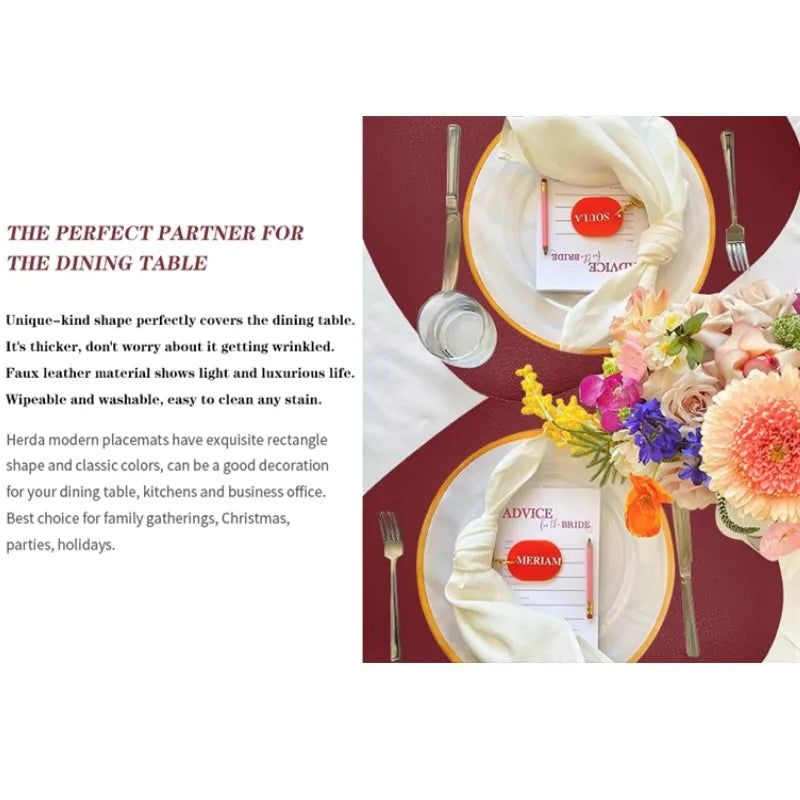 Inyahome Irregular Shape PU Leather Placemats Set Oil-Proof Waterproof for Kitchen Tables Bistro Tables Bars Coffee Shops Hotels