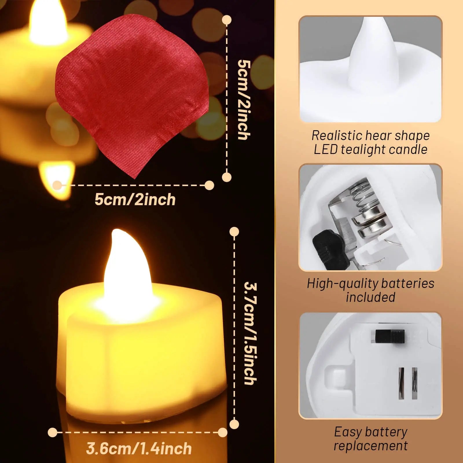 24/48 Pack Heart Shaped LED Tea Lights Candles with Artificial Rose Petals Romantic Night Decorations for Wedding Anniversary