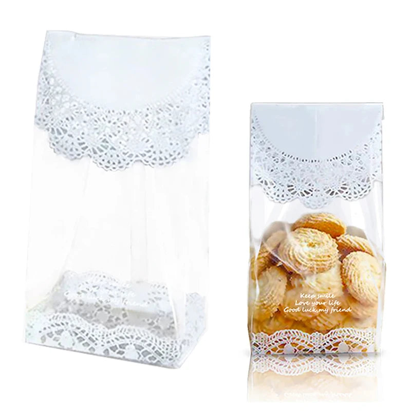 50Pcs White Lace Cookie Biscuit Bag Clear Candy Snack Wrap Bag Wedding Birthday Party Supplies Christmas Gift Baking Packaging