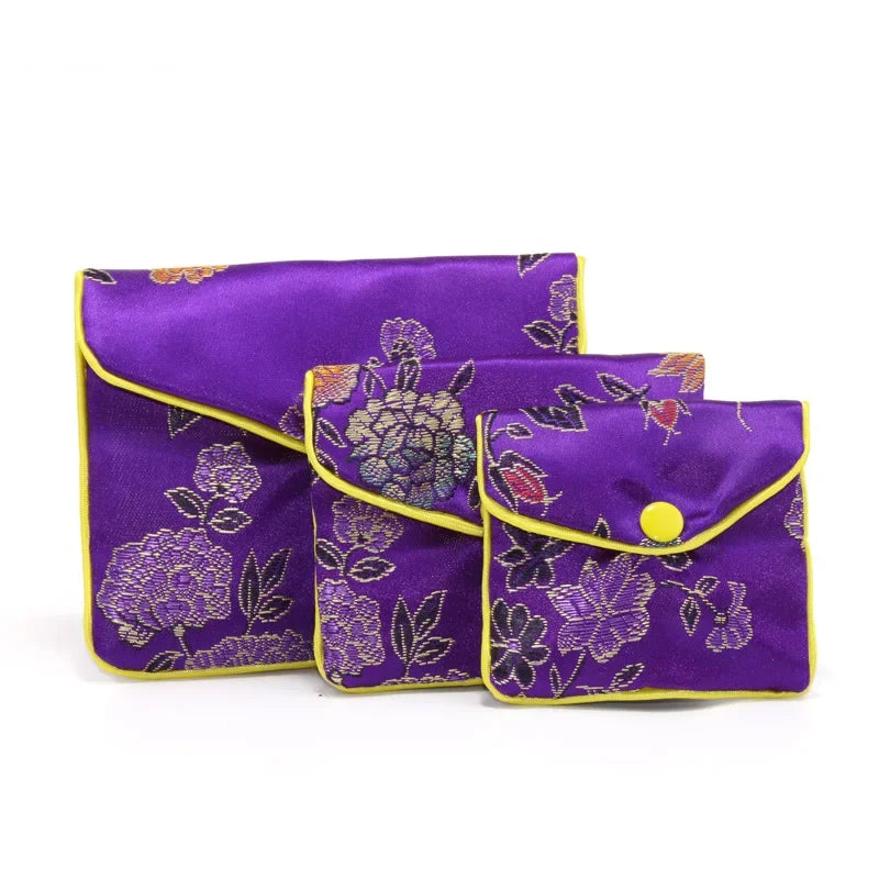 Hot High Quality Chinese Brocade Handmade Silk Embroidery Small Jewelry Gift Storage Pouch Bag Snap Case Satin Coin Purse 5pcs