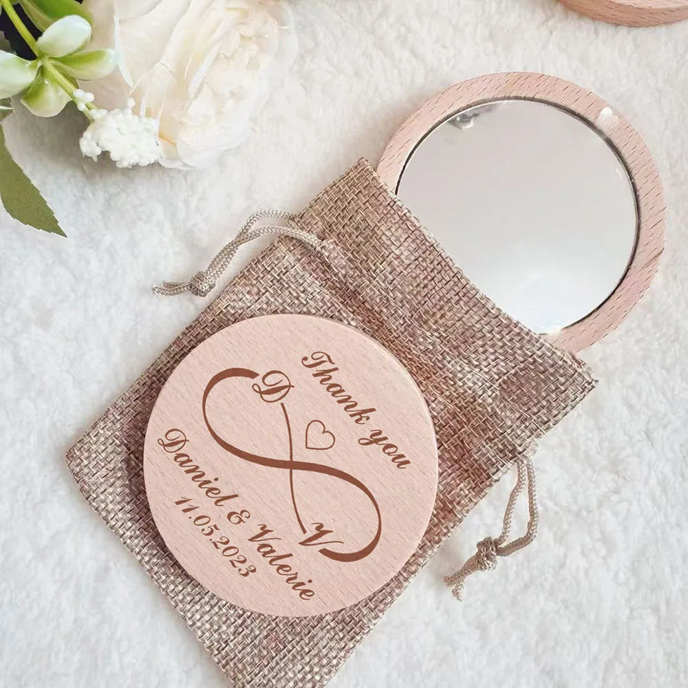 1-40pcs Personalised Wooden Mirror Engraved Portable Round Compact Pocket Mirror Bridesmaid Wedding Favors Custom Baptism Gift