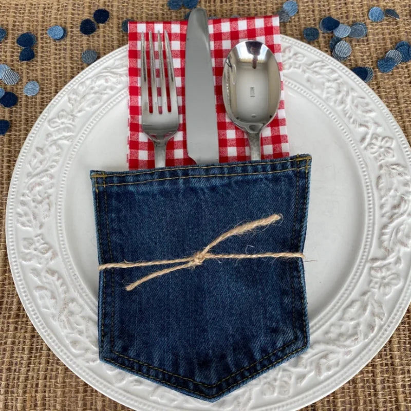 12-48PCS Denim Jean Pocket Silverware Holders Jean Pocket Flatware Holder Wedding Napkin Holder Birthday Western Party Favors