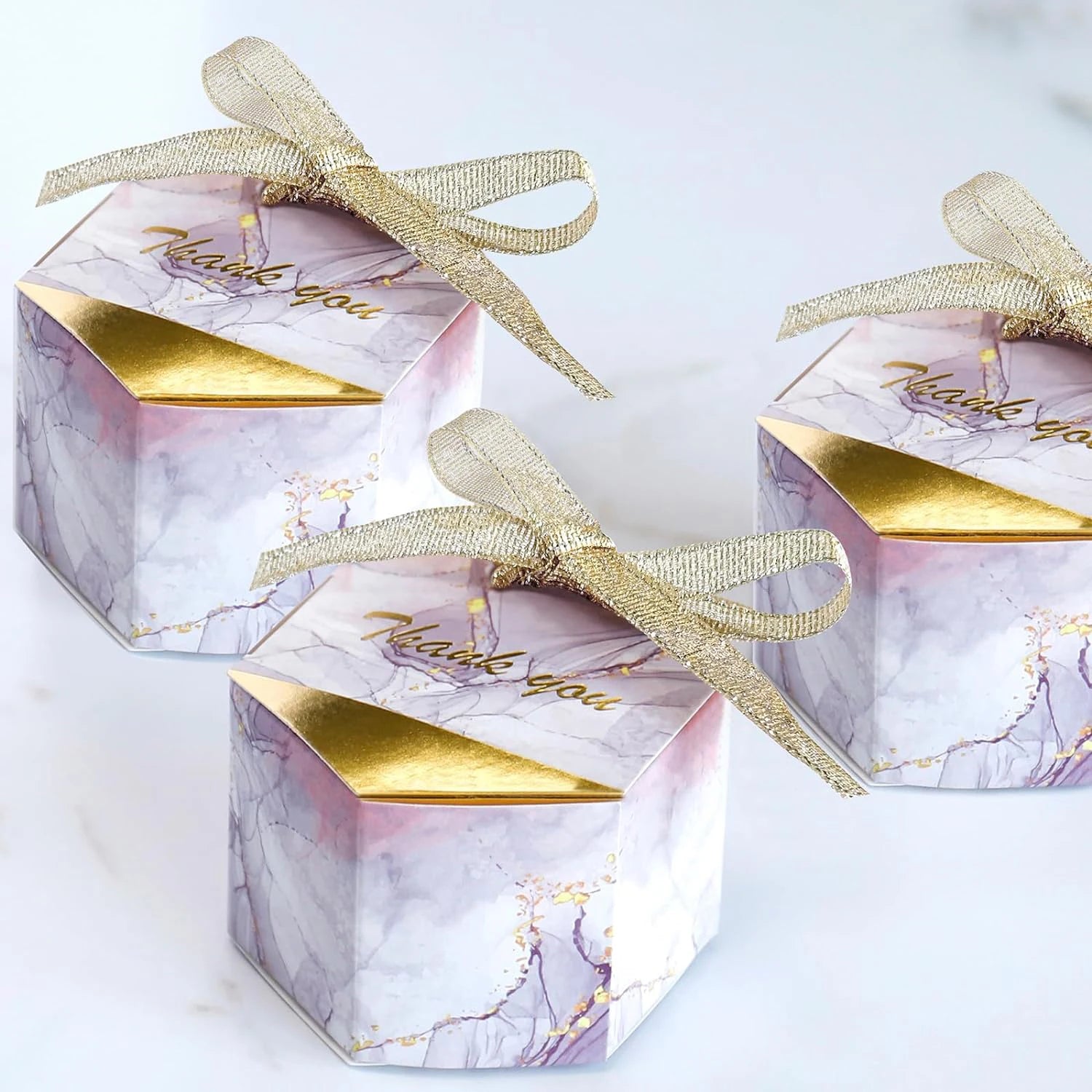 50PCS Small Party Gift oxes wedding favors Boxes , Marble Mini Thank You Boxes with glitter gold Bow ribbon