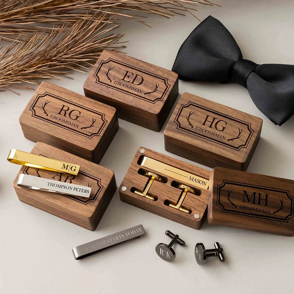 Custom Metal Cufflinks Tie Clip & Rectangle Gift Box Engraved Gift for Dad and Groomsmen Personalized Best Man Cufflinks Set