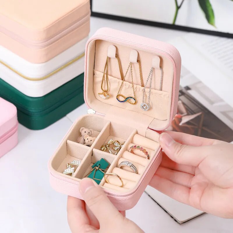 1pcs Mini Jewelry Organizer Display Travel Jewelry Zipper Case Boxes Earrings Necklace Ring Portable Jewelry Box Leather Storage