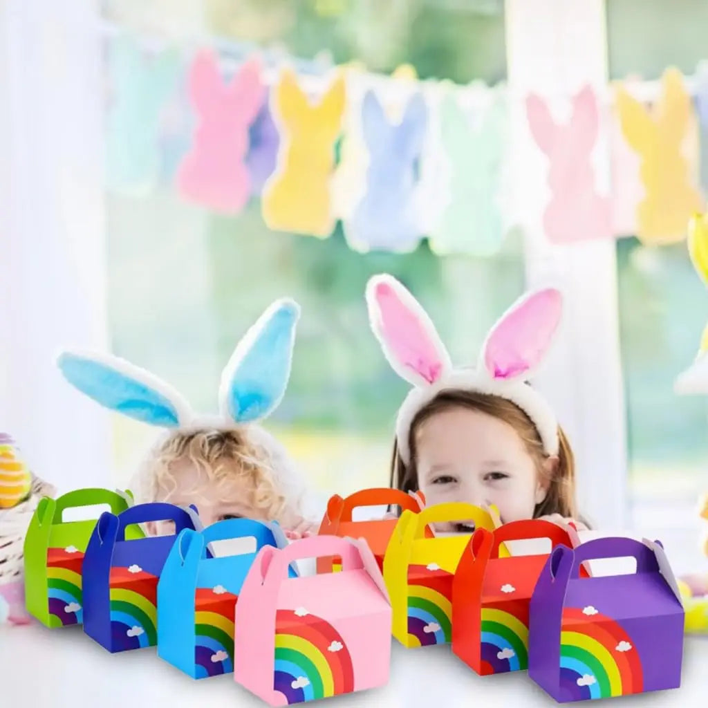 16 PCs Rainbow Party Favor Paper Box, 6*3.5*3.5 Inch, Food Safe Kraft Paper and Ink, Natural , Vivid Colored,Give Away Bags.