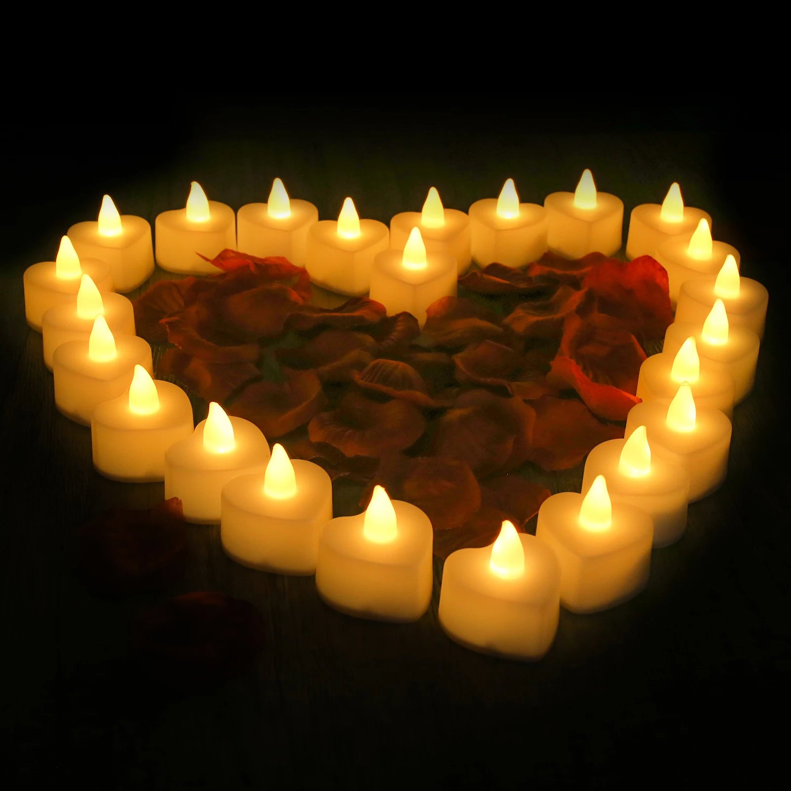 24/48 Pack Heart Shaped LED Tea Lights Candles with Artificial Rose Petals Romantic Night Decorations for Wedding Anniversary