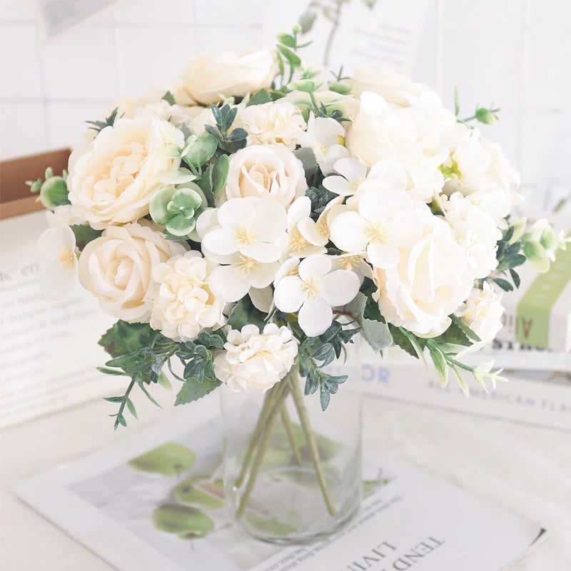 7 Heads Silk Peony Artificial Flower Hydrangea For Room Home Decoration Wedding Bride Bouquet Rose False Table Plant Accessories