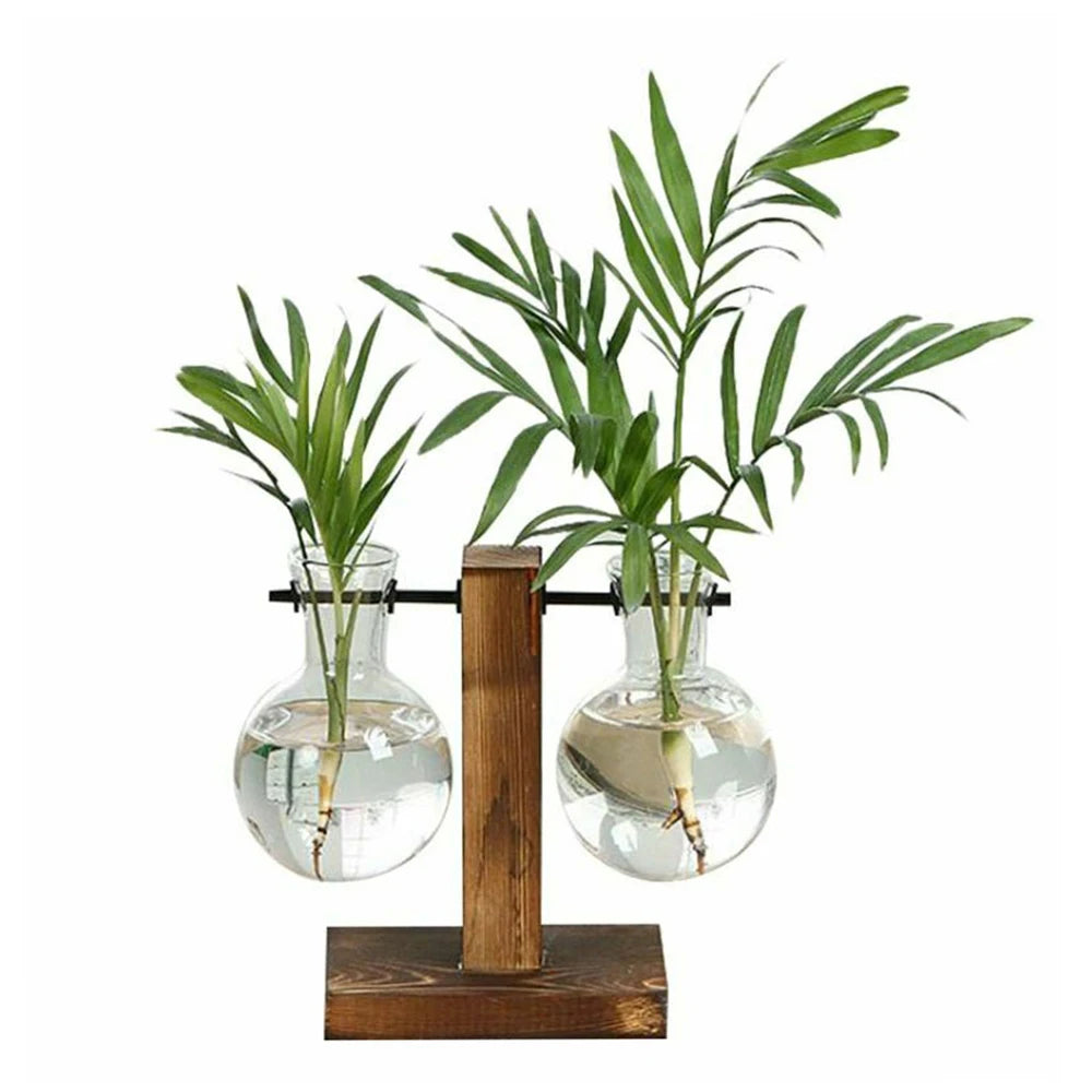 Creative Glass Desktop Planter Bulb Vase Wooden Stand Hydroponic Plant Container Decor Home Tabletop Decor Vases