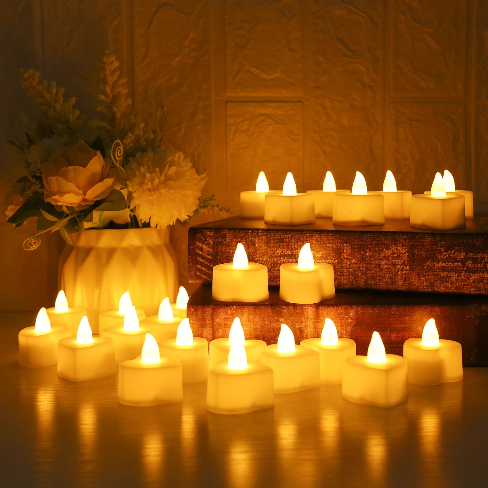 24/48 Pack Heart Shaped LED Tea Lights Candles with Artificial Rose Petals Romantic Night Decorations for Wedding Anniversary