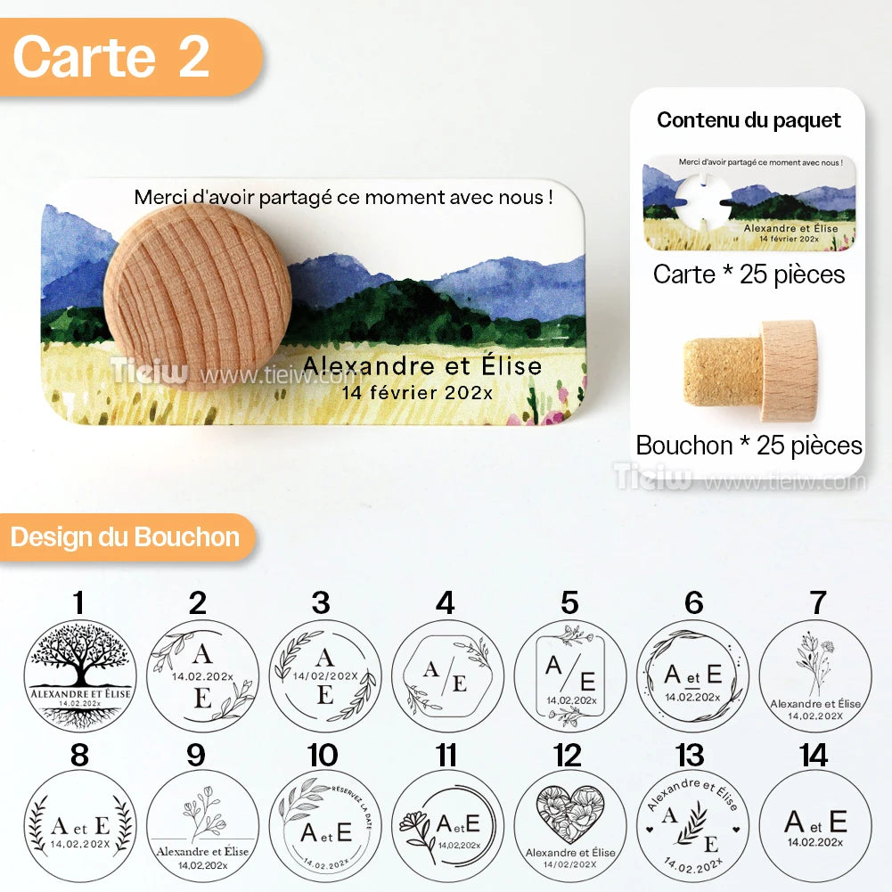 Personalized Cork bottle cap with thank you card for Marriage guests, embaved Wood thank you gifts, personalized Souvenirs for eco-friendly and rustic reception