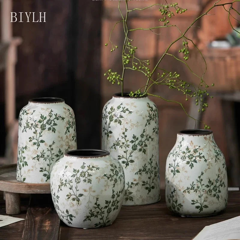 New Ceramic Vase Pastoral Style Green Flowers Ice Cracked Ceramic Vase Home Decoration Living Room Porch Hydroponic Plant Vase