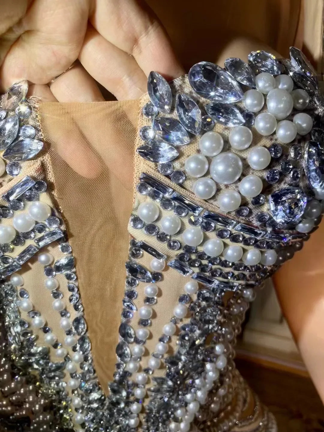 New Sparkly Rhinestones Pearls Floor-length Feathers Dress Women Birthday Celebrate Wedding Evening Prom Dress Photo Shoot Wear