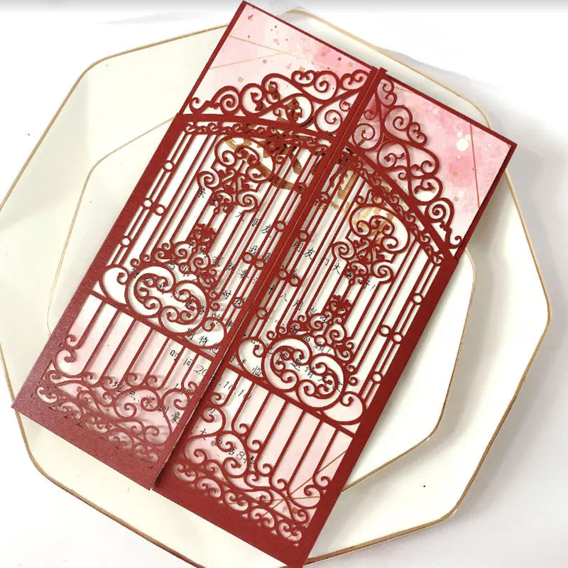 10 Pieces Laser Cut Wedding Gate Love Door Invitation Card Black Pink Gold Engagement Party Greeting Invitations IC165