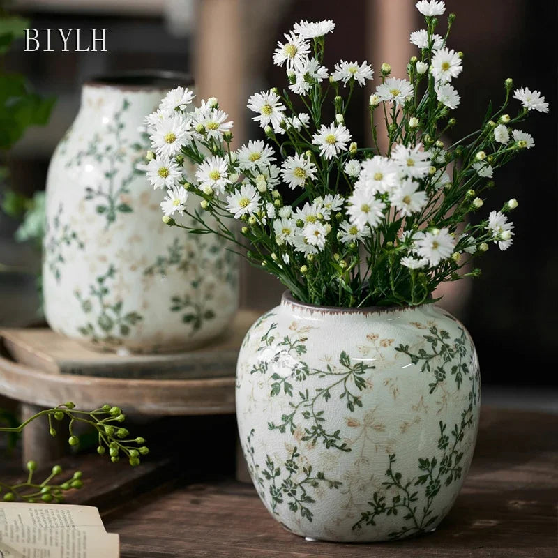 New Ceramic Vase Pastoral Style Green Flowers Ice Cracked Ceramic Vase Home Decoration Living Room Porch Hydroponic Plant Vase