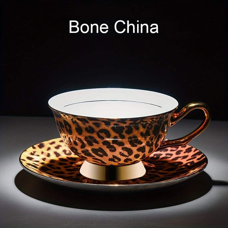 Luxurious Leopard Print Tea Set: Elegant Bone China Cup And Saucer with Golden Trim, Perfect for a Stylish Afternoon Tea