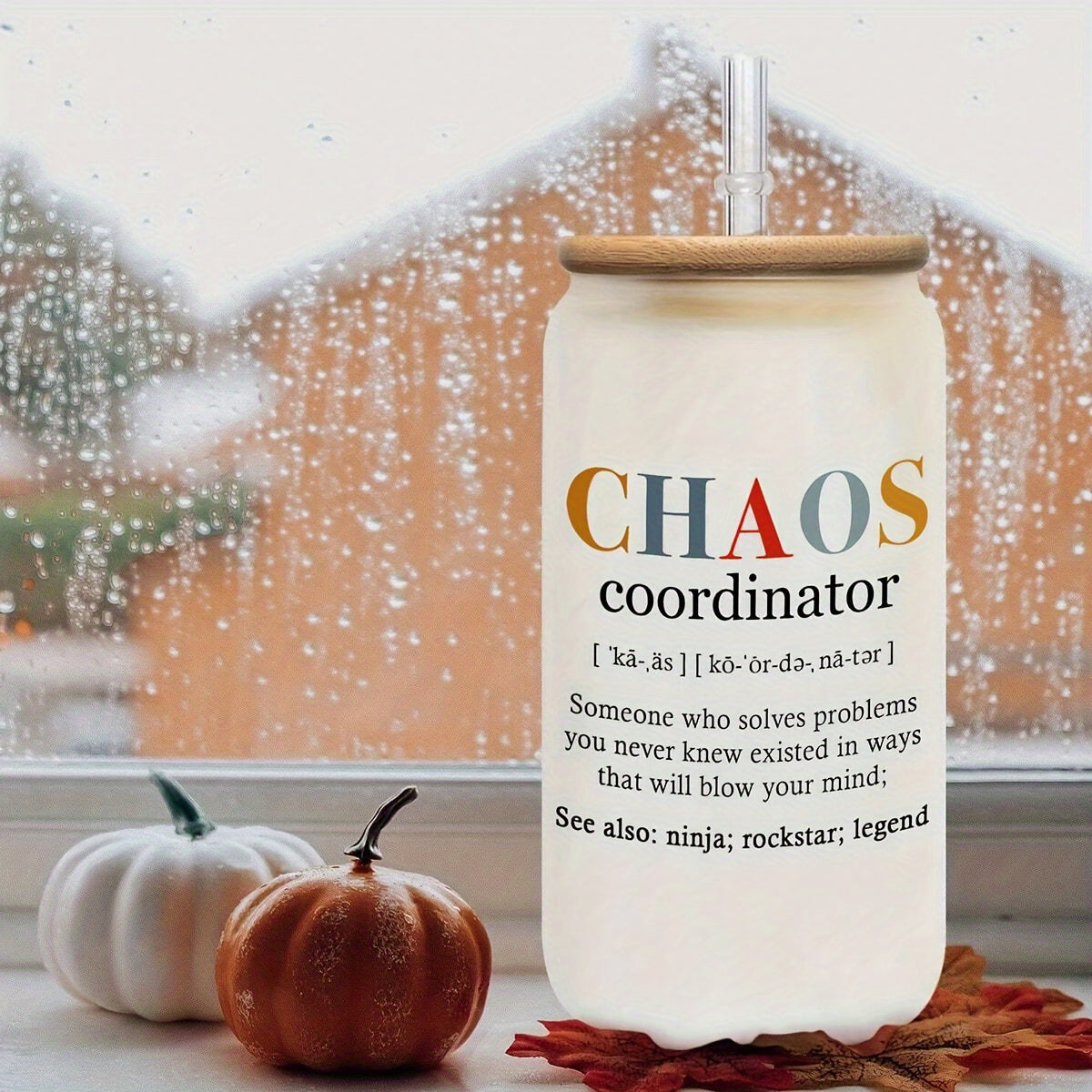 Chaos Coordinator 16oz Glass Tumbler with Bamboo Lid and Straw - English Alphabet Print, Hand Wash Only, Glass Canister for Juice, Iced Coffee, Multipurpose - Reusable & Recyclable Glass Jar, Ideal for Birthday Gifts, New Yea