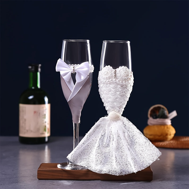 2pcs CZHOMMAGIC Wedding Champagne Flutes Set, Bride and Groom Toasting Glasses, Lead-Free Glass, Hand Wash Only, Reusable, Stemmed, Multipurpose for Cold Beverage, Ideal for Christmas, Hanukkah, Thanksgiving, Valentine'S Day,