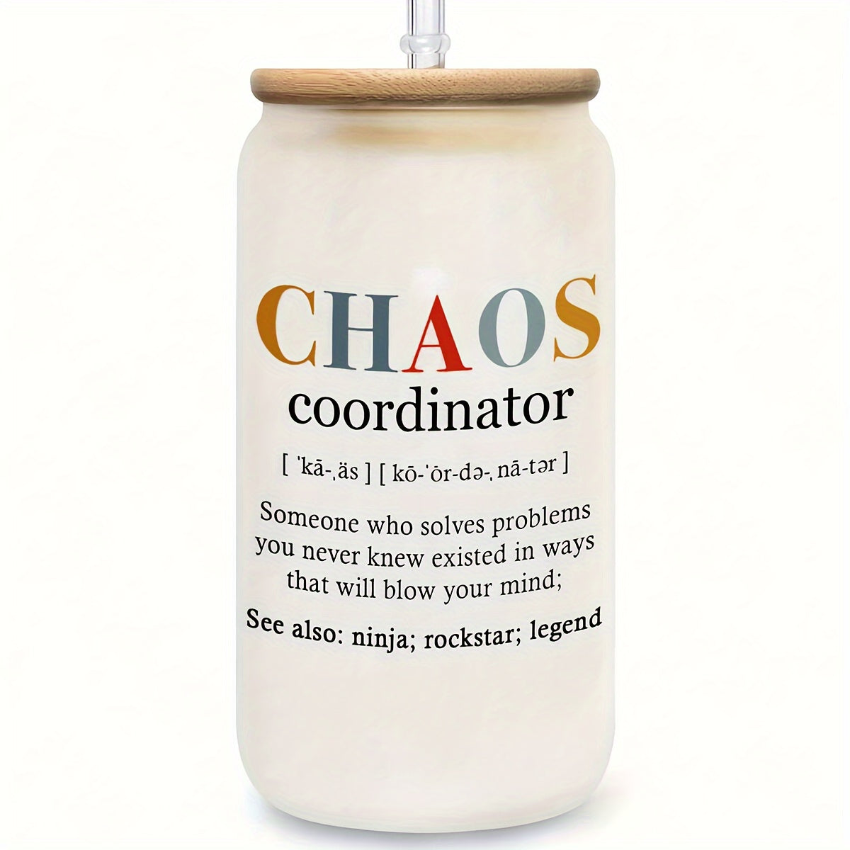 Chaos Coordinator 16oz Glass Tumbler with Bamboo Lid and Straw - English Alphabet Print, Hand Wash Only, Glass Canister for Juice, Iced Coffee, Multipurpose - Reusable & Recyclable Glass Jar, Ideal for Birthday Gifts, New Yea