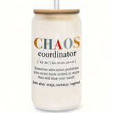 Chaos Coordinator 16oz Glass Tumbler with Bamboo Lid and Straw - English Alphabet Print, Hand Wash Only, Glass Canister for Juice, Iced Coffee, Multipurpose - Reusable & Recyclable Glass Jar, Ideal for Birthday Gifts, New Yea