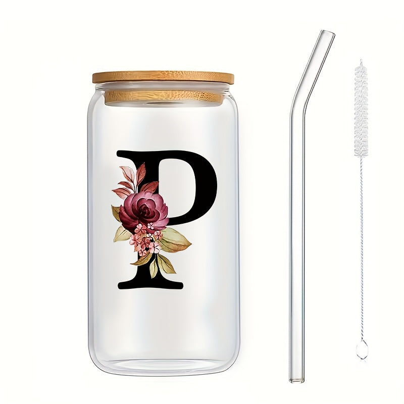 16oz Glass Coffee Mug with Bamboo Lid & Straw - A-Z Letter Design, Perfect for Office & Home Use, Ideal Birthday or Holiday Gift for Women