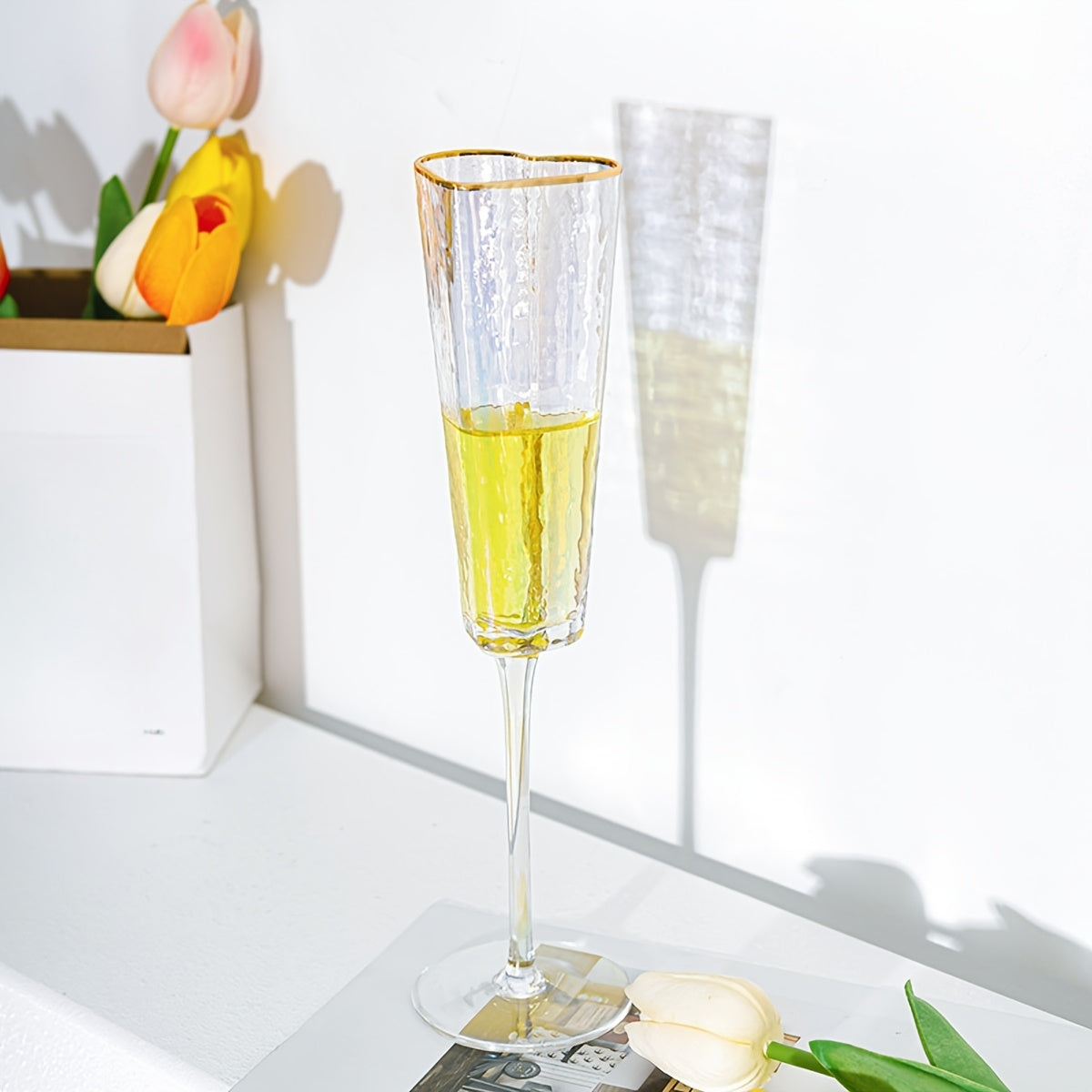 Elegant 5.54oz Champagne Flute with Gold-Plated Heart Design - Crystal Clear Glass, Colorful Rim, Perfect for Bars, Home & Parties