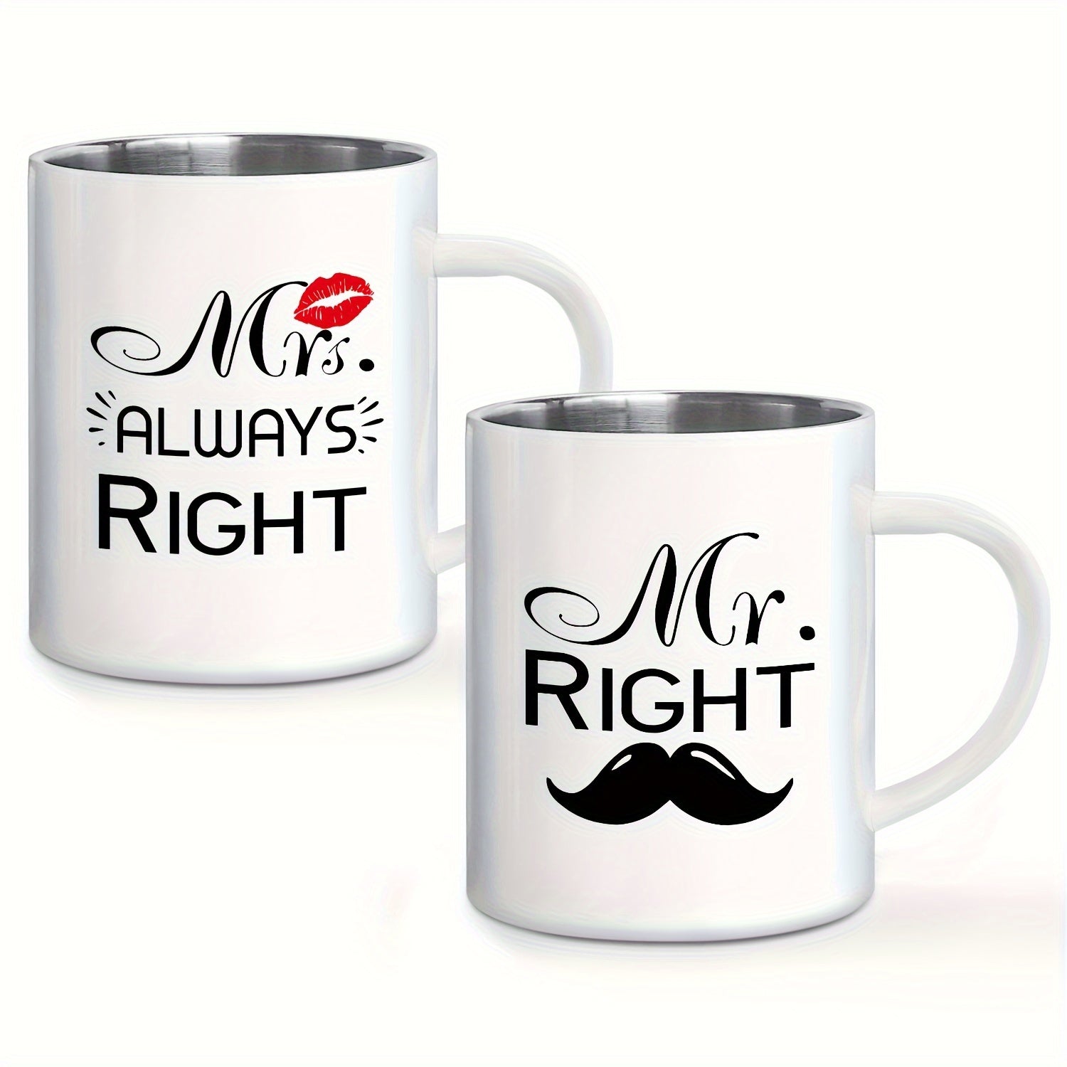 Mr. Right & Mrs. Always Right" 11oz Stainless Steel Coffee Mug - Reusable, BPA-Free Metal Cup with Handle for Couples - Perfect Gift for Anniversary, Valentine's Day, Birthday, Christmas