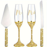 4Pcs Wedding Champagne Flutes And Cake Knife Server Set, Toasting Crystal Rhinestone Champagne Flutes Glass Cake Knife Pie Server Wedding Gift For Couple Bride Groom, Wedding Reception Supplies, Champagne Glass For Anniversar