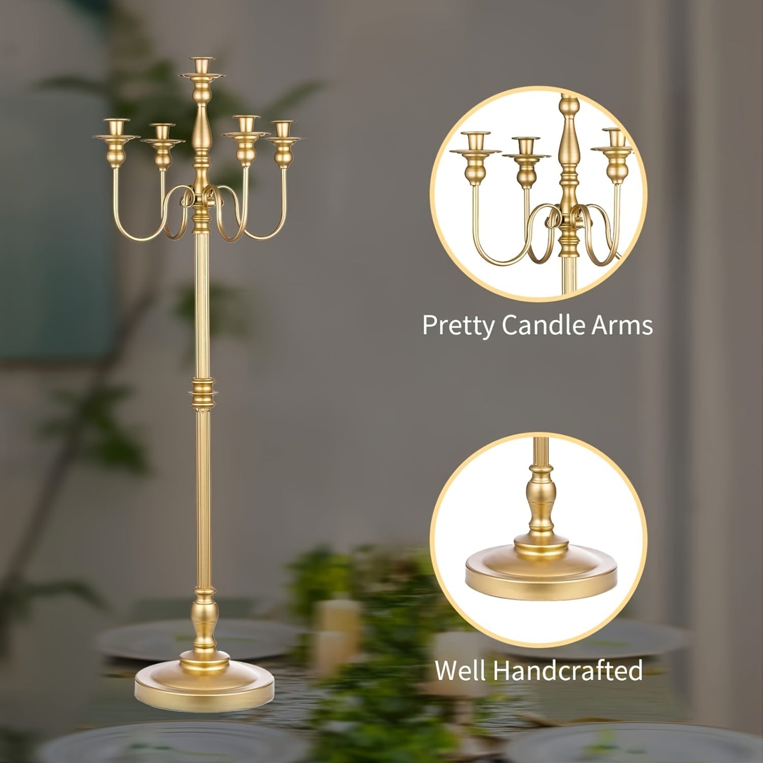 1pc Elegant 5-Arms Golden Metal Candelabra, Floor Mount Floral Centerpiece Stand