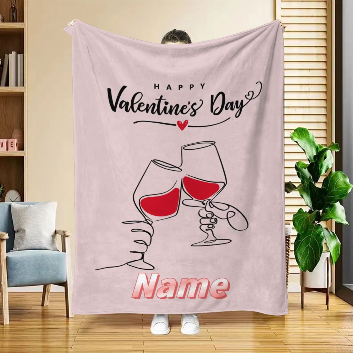Personalized Valentine's Day Fleece Blanket with Wine Glasses Design - Custom Name Option, Soft & Allergy-Free Flannel, Ideal Gift for Spouse on St. Patrick's Day or Valentine's Day, Cozy Digital Print Throw for Couch & Bed