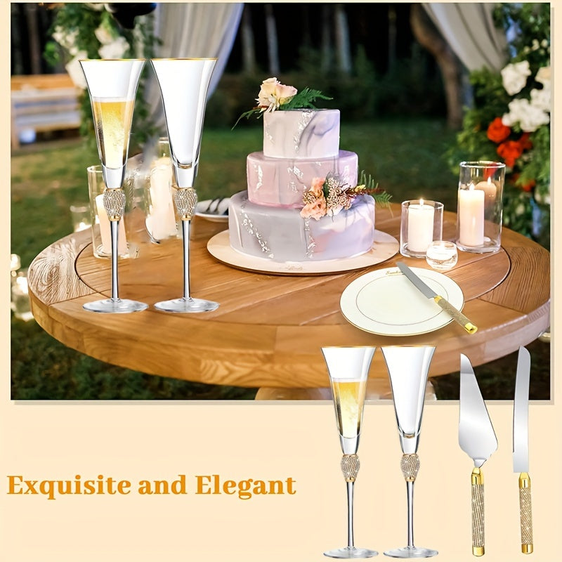 4Pcs/Set,Wedding Champagne Flutes And Cake Knife Server Set, Champagne Flutes Glasses Mr And Mrs Gifts, Cake Cutting Set For Wedding, Bride And Groom Toasting Glasses, Wedding Reception Supplies,for Couple Anniversary Bride S