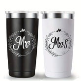 1 Pair, Mr And Mrs Tumblers, Stainless Steel Insulated Travel Tumblers, Ideas For Newlyweds Couples Wife Bride, Engagement Anniversary Valentine's Day Bridal Shower Gifts Wedding Gifts, For Bride Groom Mr Mrs, 20oz (600ml)