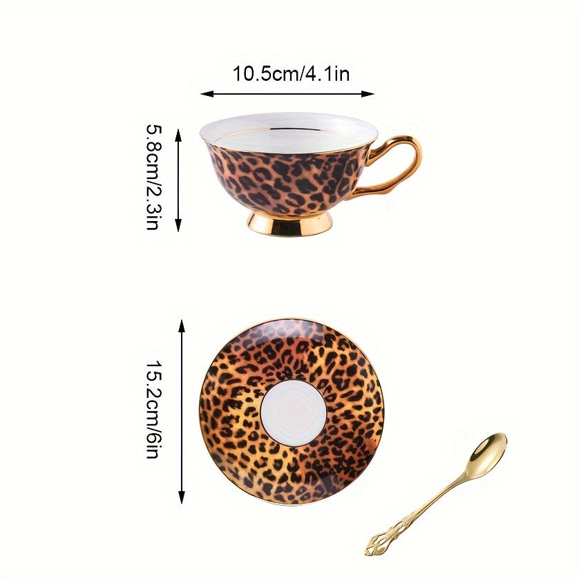 Luxurious Leopard Print Tea Set: Elegant Bone China Cup And Saucer with Golden Trim, Perfect for a Stylish Afternoon Tea