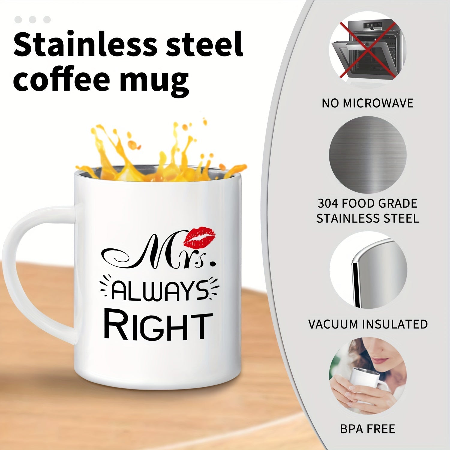 Mr. Right & Mrs. Always Right" 11oz Stainless Steel Coffee Mug - Reusable, BPA-Free Metal Cup with Handle for Couples - Perfect Gift for Anniversary, Valentine's Day, Birthday, Christmas