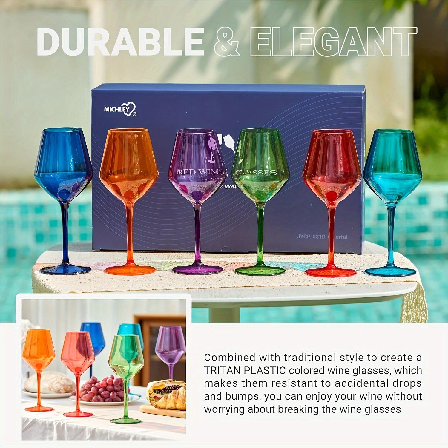 6pcs Colorful Unbreakable Wine Glass Set, 15oz Tritan Plastic Goblets with Long Stems - Dishwasher Safe, Perfect for Parties, Weddings & Outdoor Events