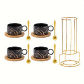 180ml ceramic coffee cups Stackable mugs marble design set of 4 cups with wooden saucer and gold stand
