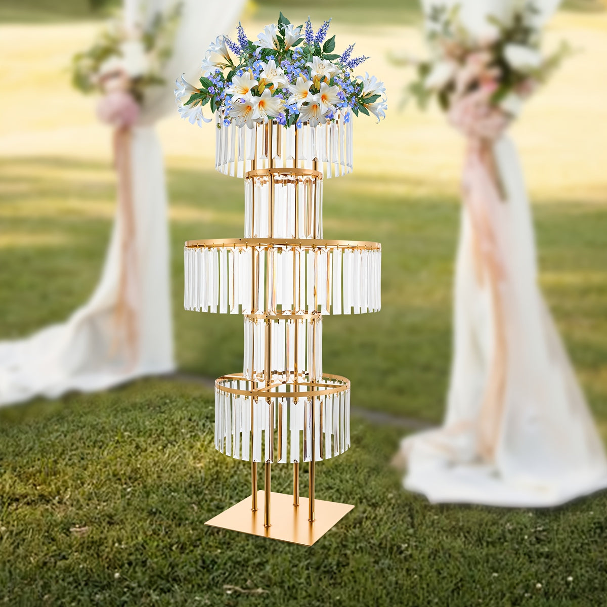 [2D Flat] 5-Tier Golden Wedding Flower Stand with Clear Acrylic Tiers - Elegant Round Centerpiece for Parties, Birthdays, and Events - 110cm Height, Square Base, Easy Assembly Required, Wedding Decorations