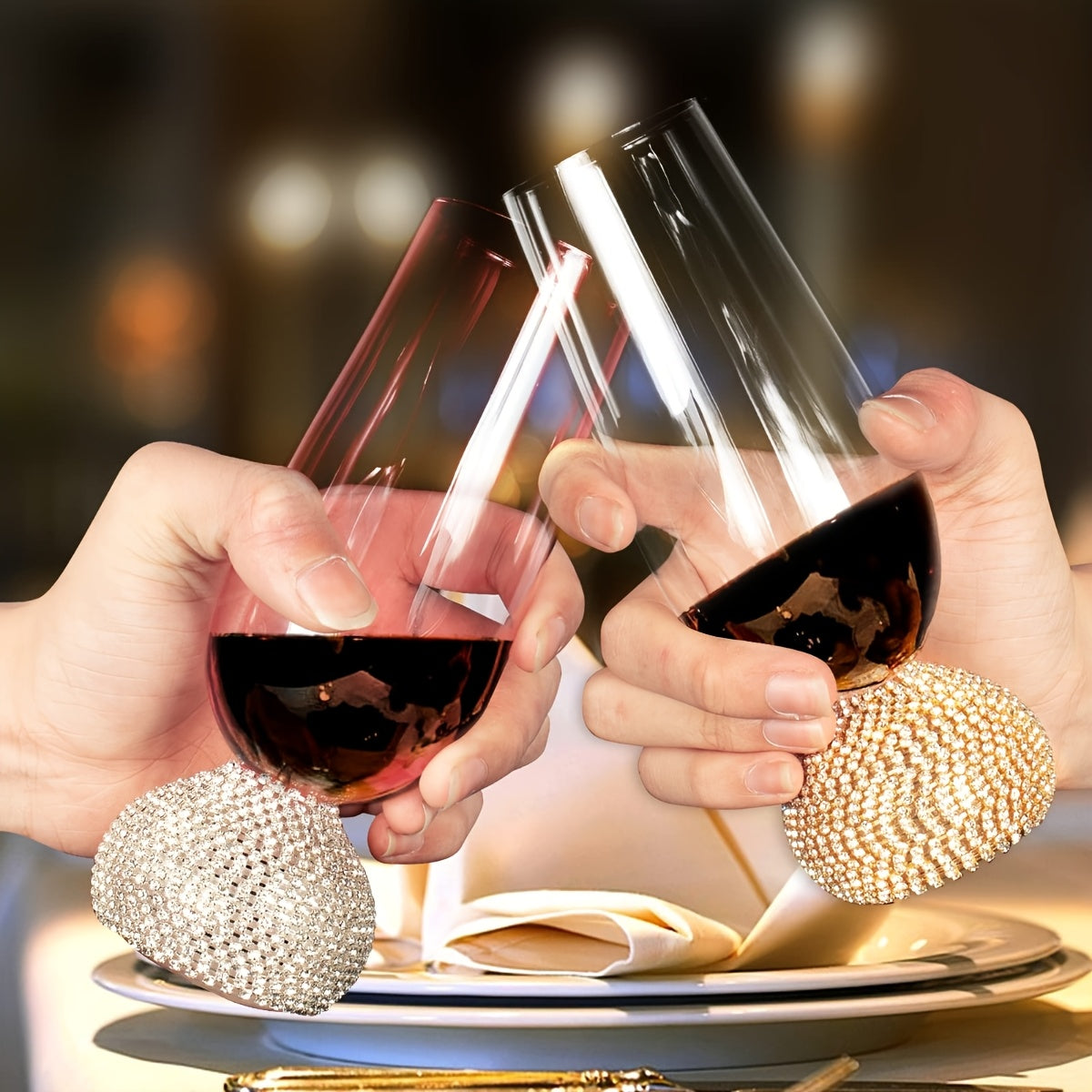 2pcs Luxe Stemless Wine Glass Set, Hand-Blown Insulated Glassware, Rhinestone Embellished, Smoke Grey, Reusable for Cocktails, Red Wine, Whiskey - Ideal for Christmas, Halloween, Easter, Thanksgiving, Hanukkah Gifts